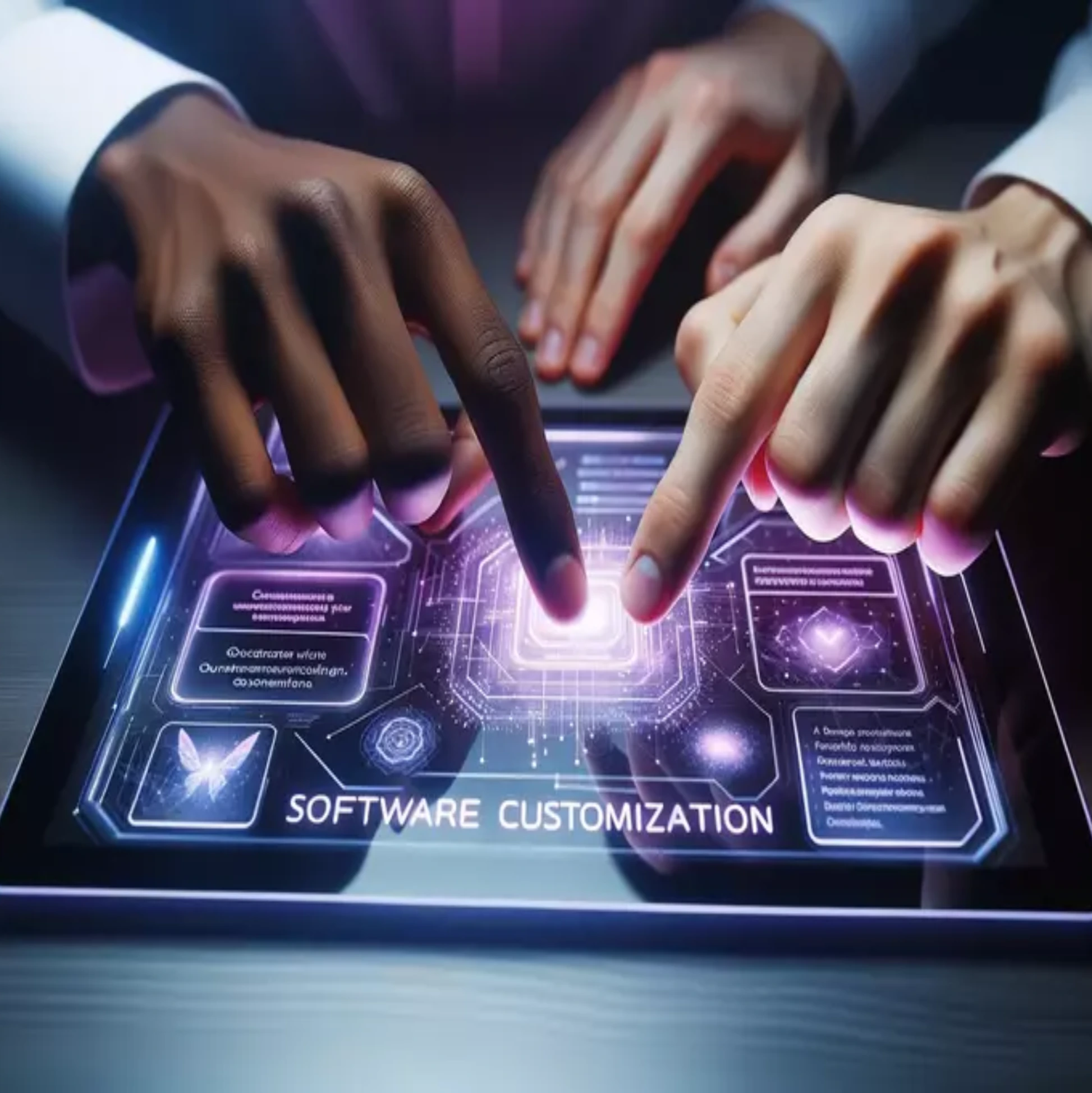 Two fingers pressing on a futuristic tablet with the words ‘Software customization’.