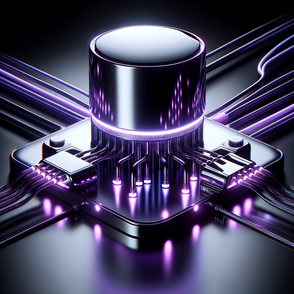 A chip that is connected to 
                        four smaller, rectangular chips via purple wires, all set against a reflective black background.