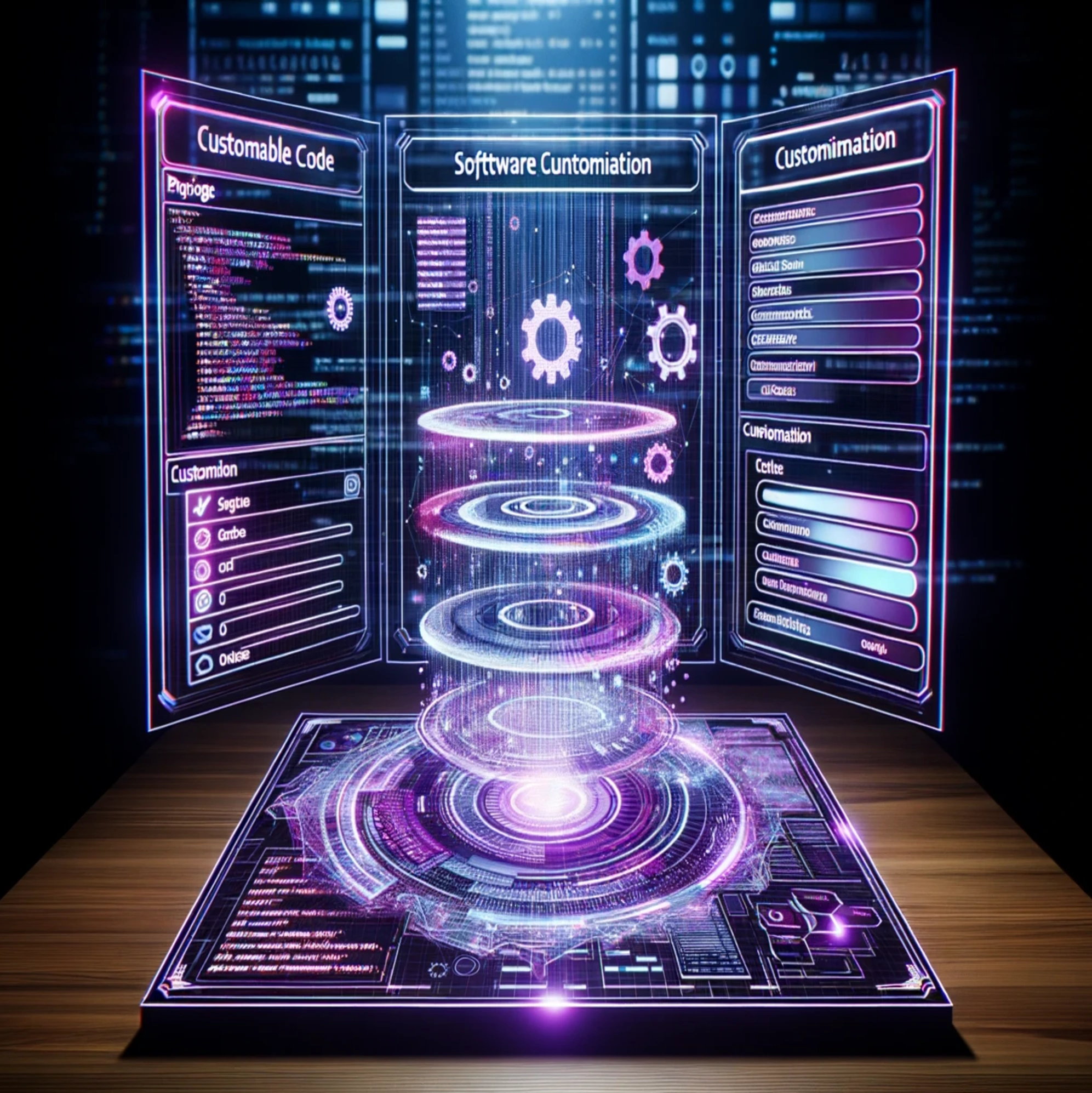 A futuristic image of a software customization interface with a purple and blue color scheme.