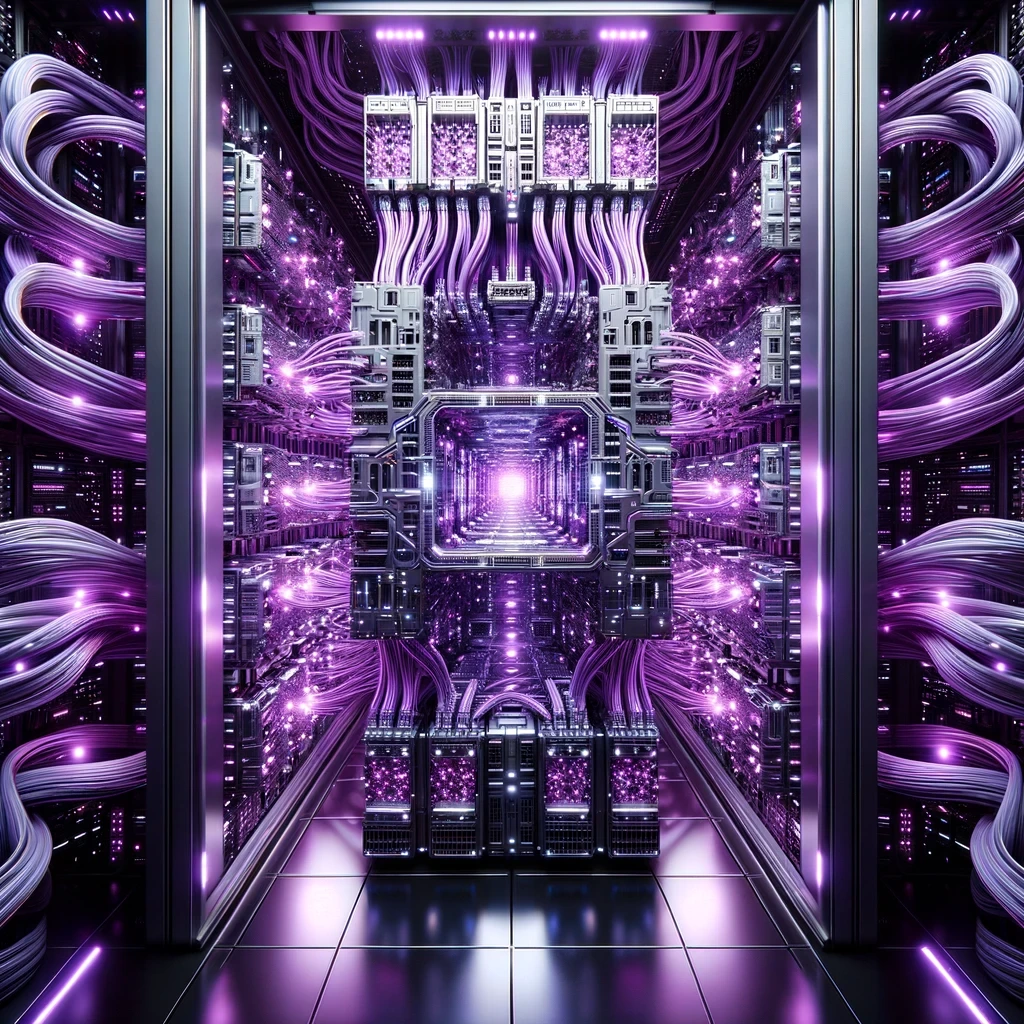 A server connected with purple glowing wires